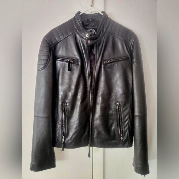 Men’s Black Leather Crew Neck Biker Jacket - Picture 5 of 13